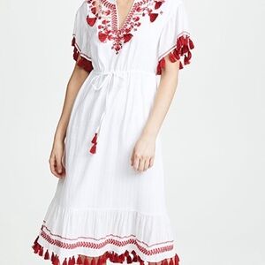 Club Monaco cotton midi white dress with red embroidery. Size Small.